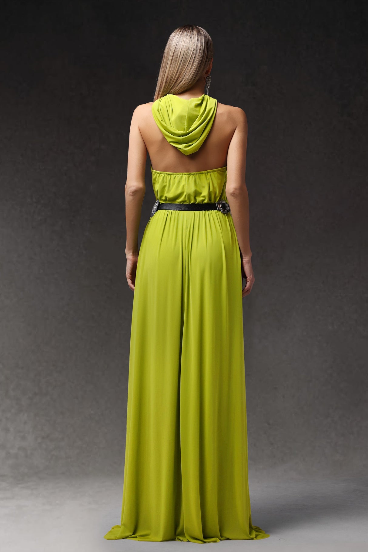 Gabriella Green Halterneck Dress with Slit and Flower Detailing for Evening Events or Summer Gatherings