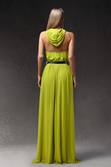 Gabriella Green Halterneck Dress with Slit and Flower Detailing for Evening Events or Summer Gatherings