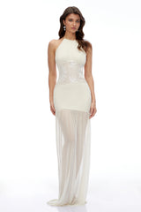 Gabriella Ivory Halterneck Lace Pleated Maxi Dress