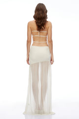 Gabriella Ivory Halterneck Lace Pleated Maxi Dress