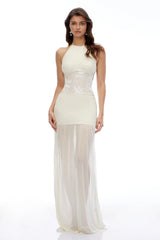 Gabriella Ivory Halterneck Lace Pleated Maxi Dress