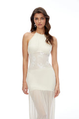 Gabriella Ivory Halterneck Lace Pleated Maxi Dress