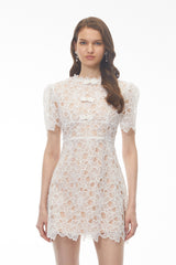 Gabriella White Floral Lace Mini Dress with Bow Detail