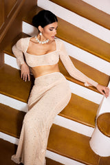 Gabrielle Beige Diamond Mesh Detail Dress