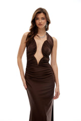 Gabrielle Brown Halterneck Ruched Maxi Dress