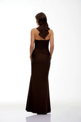 Gabrielle Brown Halterneck Ruched Maxi Dress