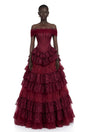 Gabrielle Burgundy Floral Lace Tiered Maxi Dress