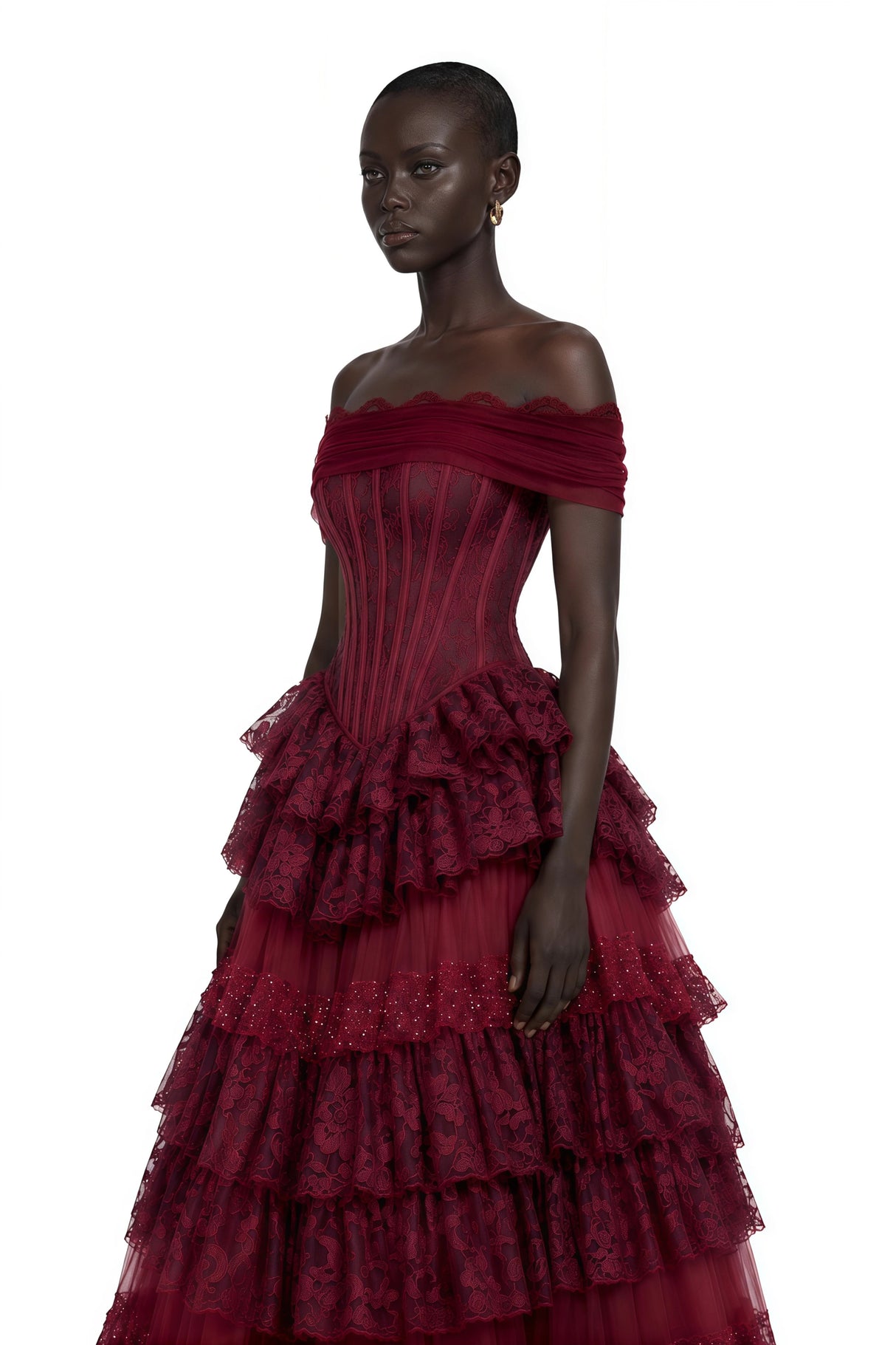 Gabrielle Burgundy Floral Lace Tiered Maxi Dress