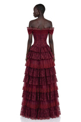 Gabrielle Burgundy Floral Lace Tiered Maxi Dress