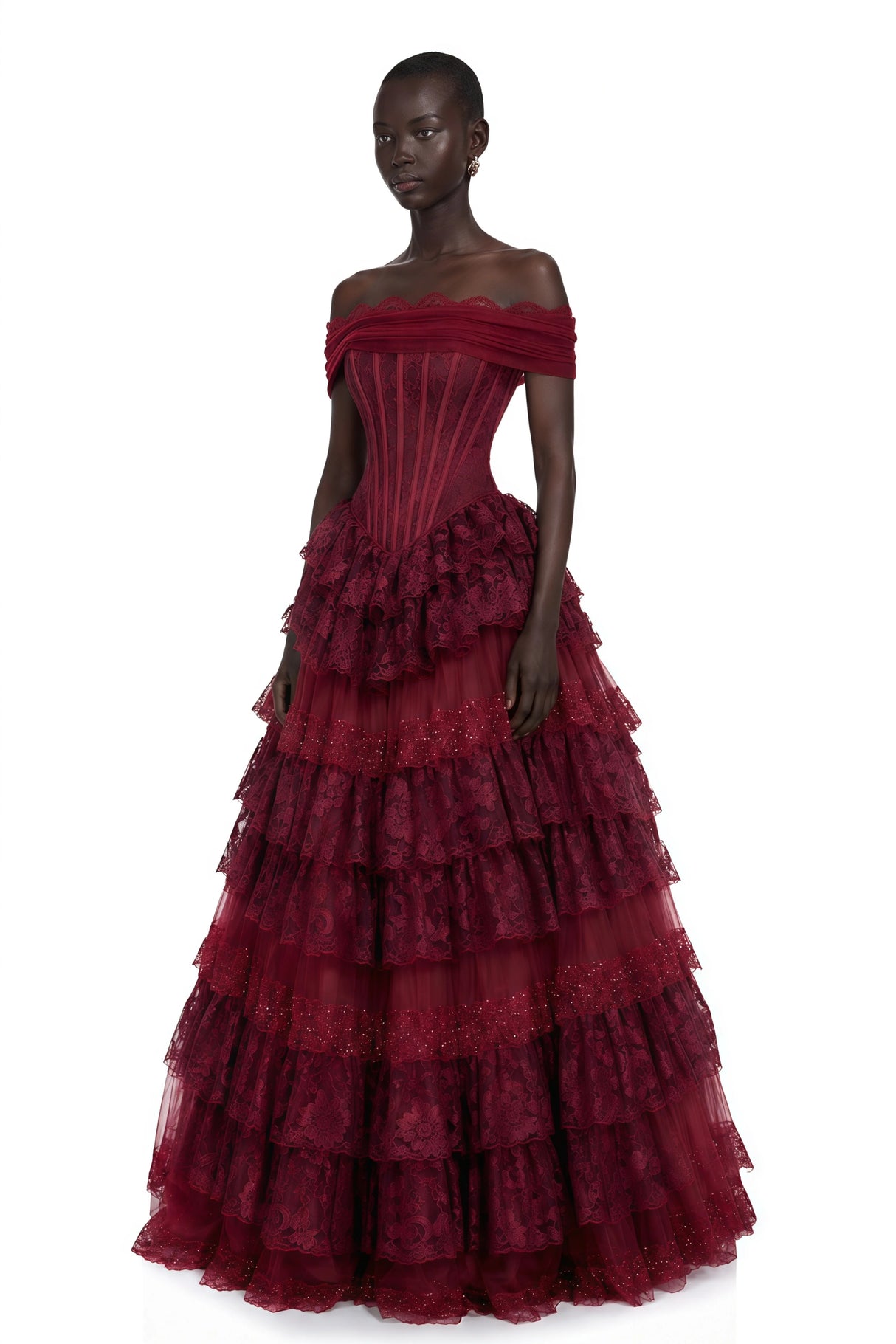 Gabrielle Burgundy Floral Lace Tiered Maxi Dress