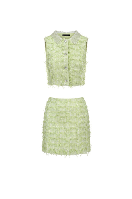 Gabrielle Green Two-Piece Dress Set with Collared Crop Top and Fitted Skirt