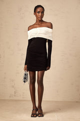 Gabrielle Mini Dress - Off the Shoulder Style - Long Sleeves - Color Blocked Design - Ruched Detailing