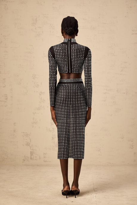Gabrielle Skirt & Top Set - Stretch Mesh - Rhinestone Embellishment - Side Slit - Calf Length