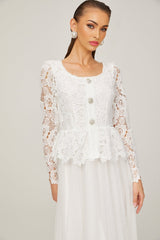 Gabrielle white peplumwaist tulle midi dress