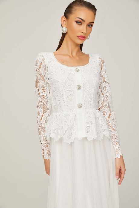 Gabrielle white peplumwaist tulle midi dress