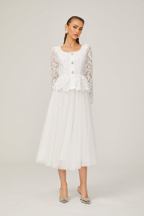 Gabrielle white peplumwaist tulle midi dress