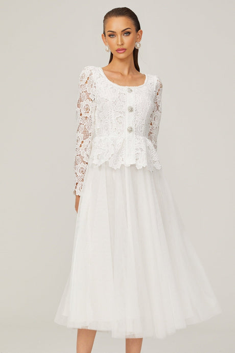 Gabrielle white peplumwaist tulle midi dress