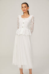 Gabrielle white peplumwaist tulle midi dress