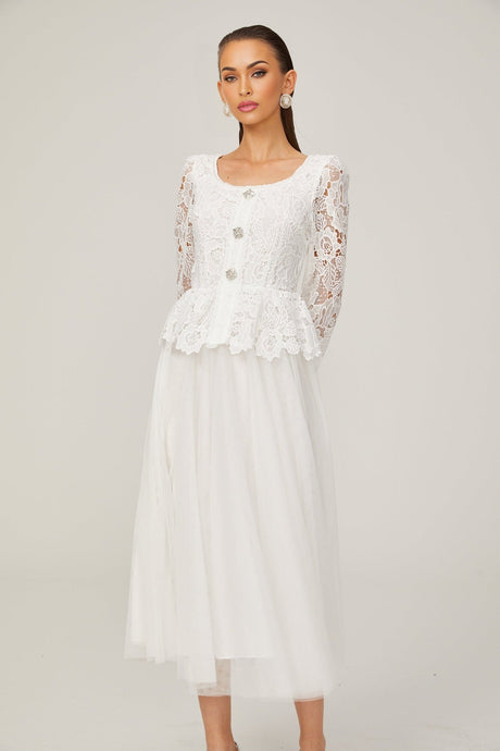Gabrielle white peplumwaist tulle midi dress