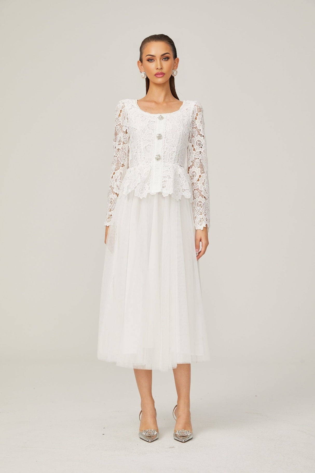 Gabrielle white peplumwaist tulle midi dress
