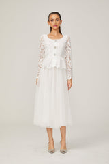 Gabrielle white peplumwaist tulle midi dress