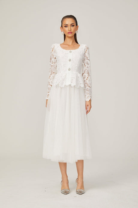 Gabrielle white peplumwaist tulle midi dress