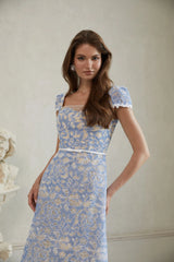 Gaëlle Blue Floral Embroidered Midi Dress