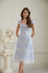 Gaëlle Blue Floral Embroidered Midi Dress