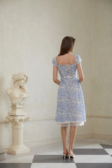 Gaëlle Blue Floral Embroidered Midi Dress