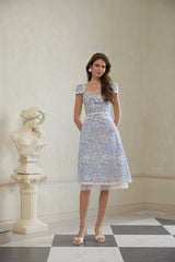 Gaëlle Blue Floral Embroidered Midi Dress