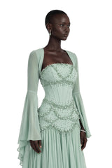 Gaëlle Green Fauxpearlembellished Pleated Maxi Dress