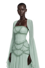 Gaëlle Green Fauxpearlembellished Pleated Maxi Dress
