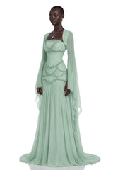Gaëlle Green Fauxpearlembellished Pleated Maxi Dress