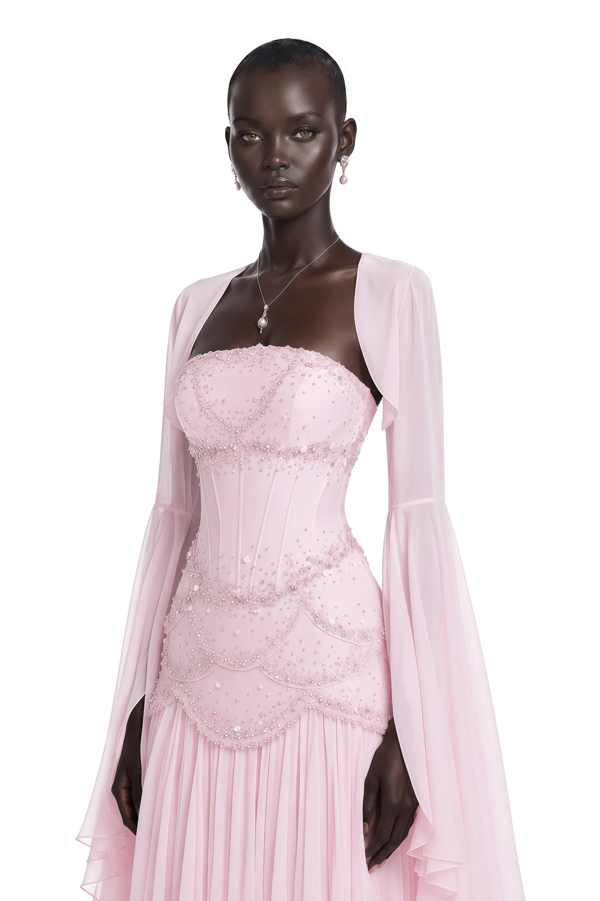 Gaëlle Pink Fauxpearlembellished Pleated Maxi Dress