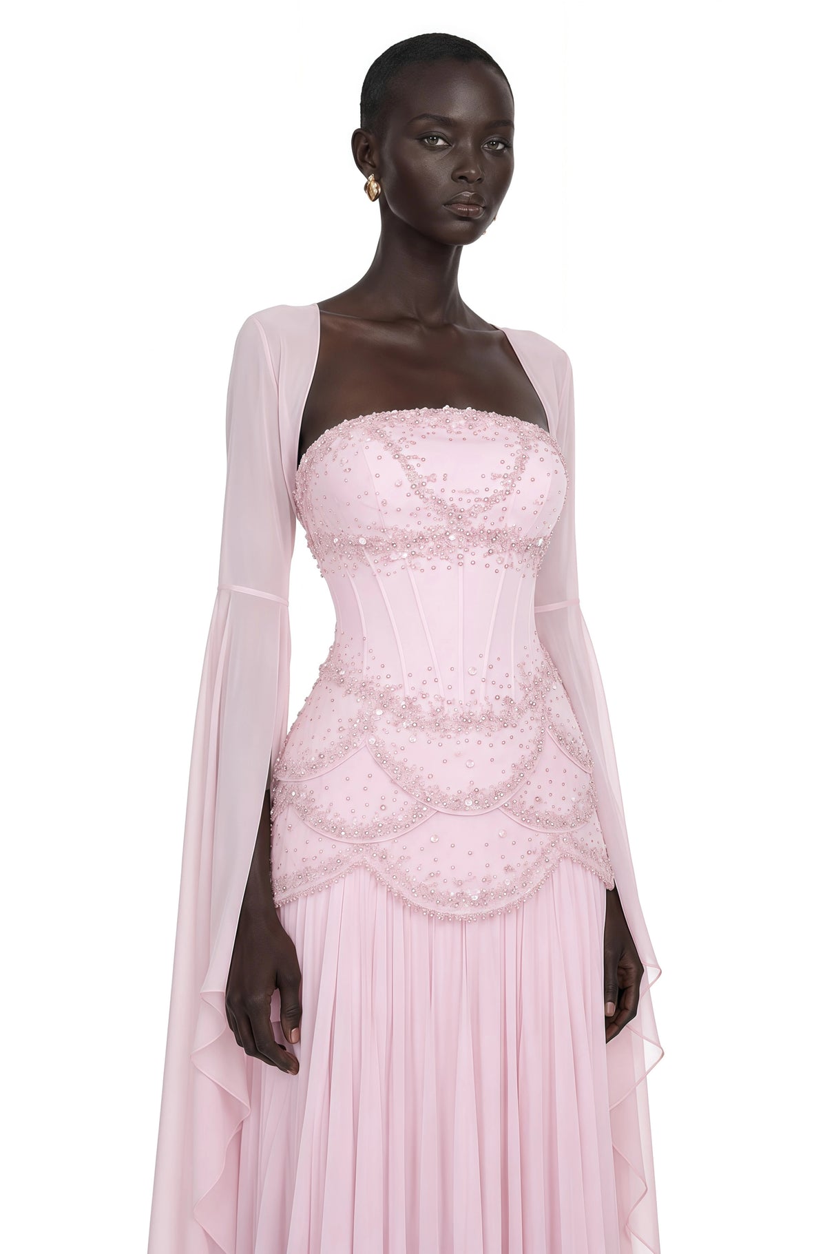 Gaëlle Pink Fauxpearlembellished Pleated Maxi Dress