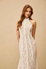 Gaëlle White Train Design Lace Maxi Dress