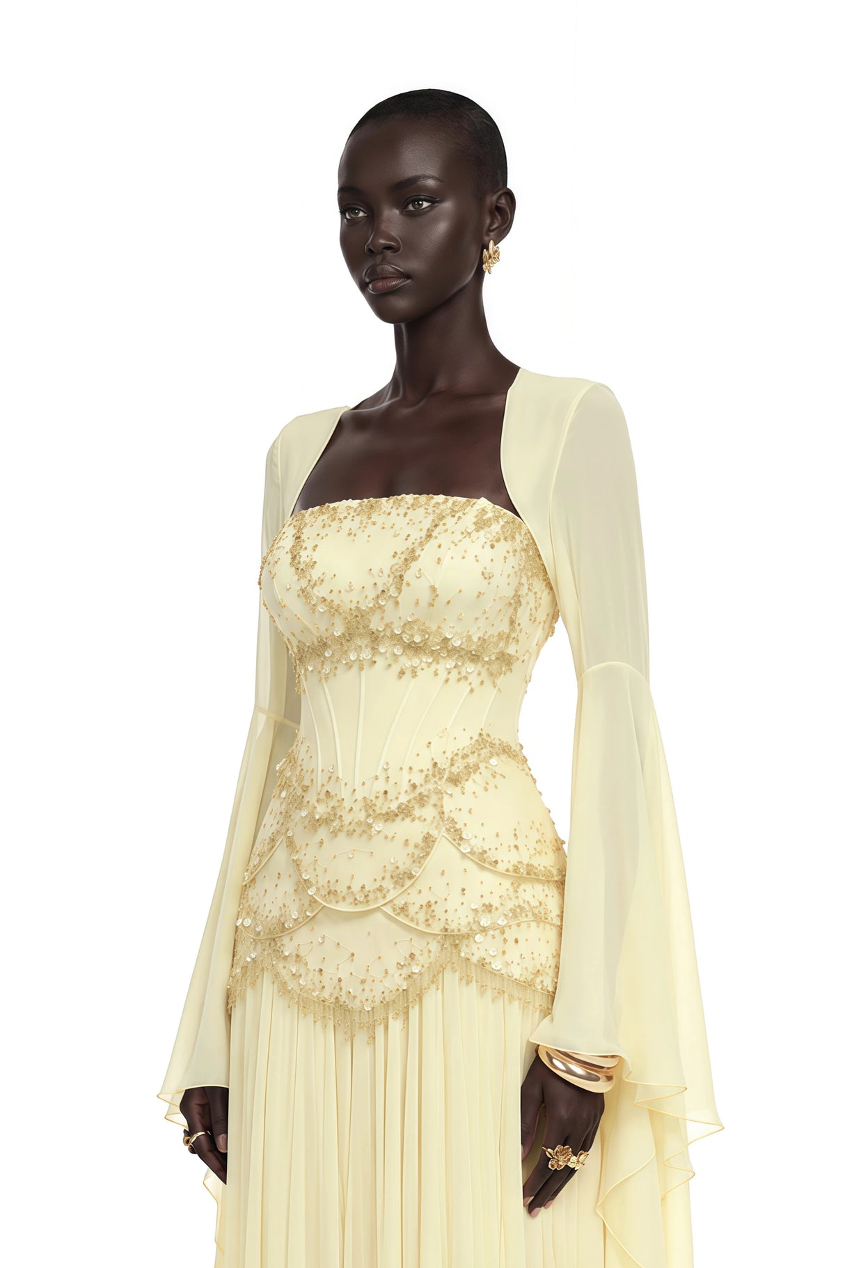 Gaëlle Yellow Fauxpearlembellished Pleated Maxi Dress