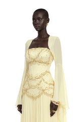 Gaëlle Yellow Fauxpearlembellished Pleated Maxi Dress