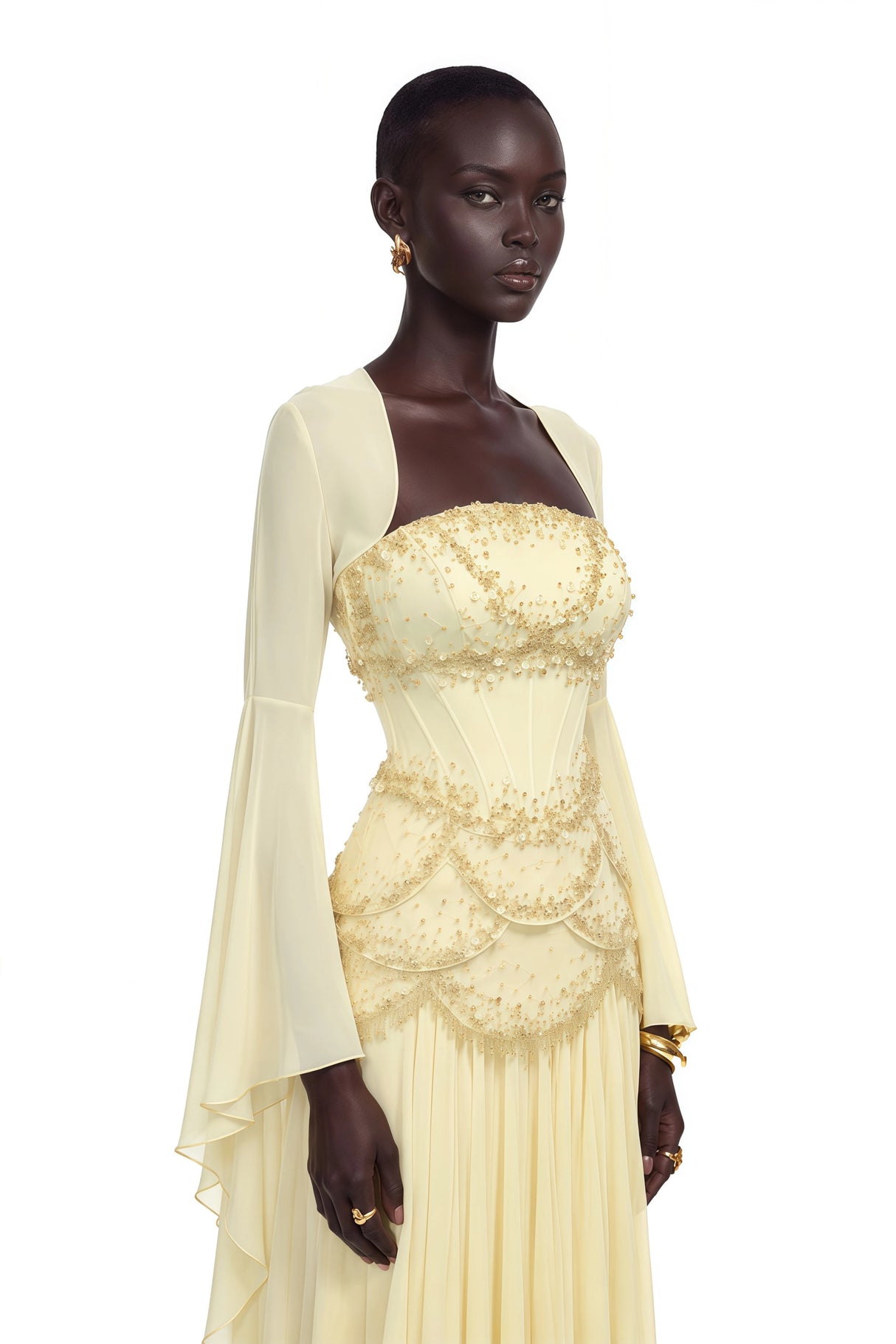 Gaëlle Yellow Fauxpearlembellished Pleated Maxi Dress