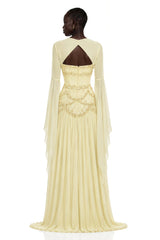 Gaëlle Yellow Fauxpearlembellished Pleated Maxi Dress