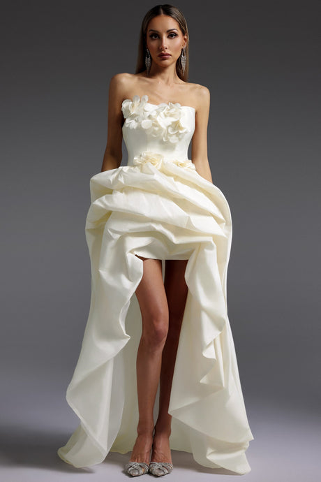 Gaetana Ivory Floral Embellished Strapless High-Low Dress for Special Occasions