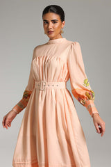 Gaetana Peach Floral Midi Dress Elegant Silhouette High Neckline Long Sleeves
