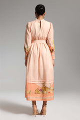 Gaetana Peach Floral Midi Dress with High Neckline and Long Sleeves