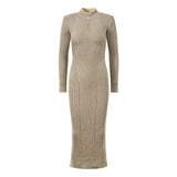 Gaia Midi Dress - Figure - Hugging Silhouette - Metallic Finish - Sculpted Fit - Elegant High Neckline - Luxurious Shimmer