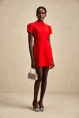 Gaia Mini Dress - Crew Neck - Short Petal Sleeves - Bow Detailing - Cut - Out Back