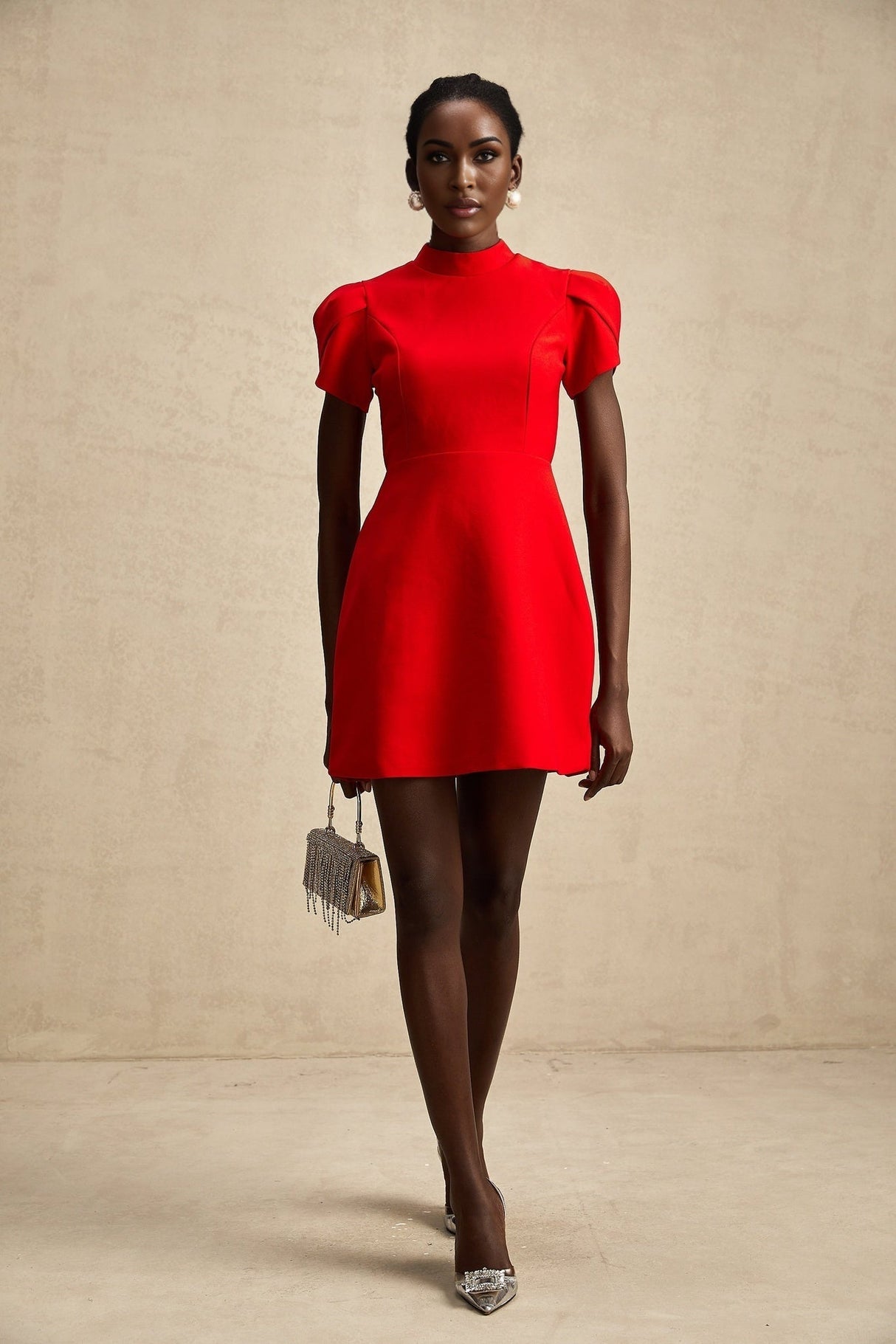 Gaia Mini Dress - Crew Neck - Short Petal Sleeves - Bow Detailing - Cut - Out Back