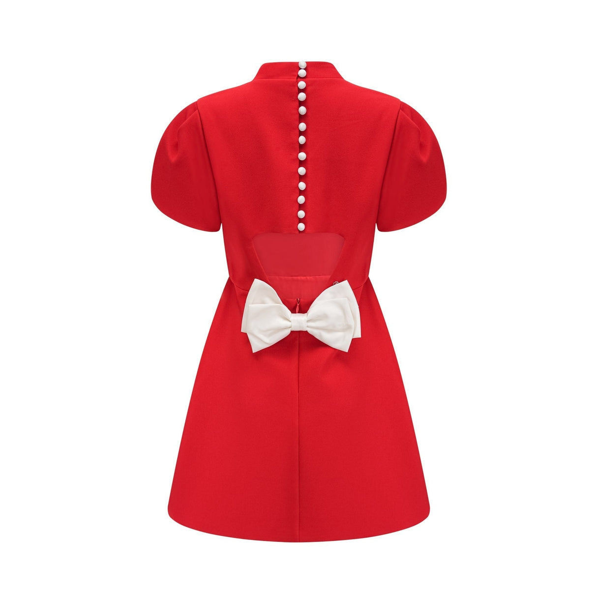 Gaia Mini Dress - Crew Neck - Short Petal Sleeves - Bow Detailing - Cut - Out Back