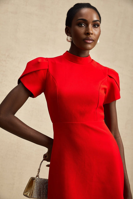 Gaia Mini Dress - Crew Neck - Short Petal Sleeves - Bow Detailing - Cut - Out Back