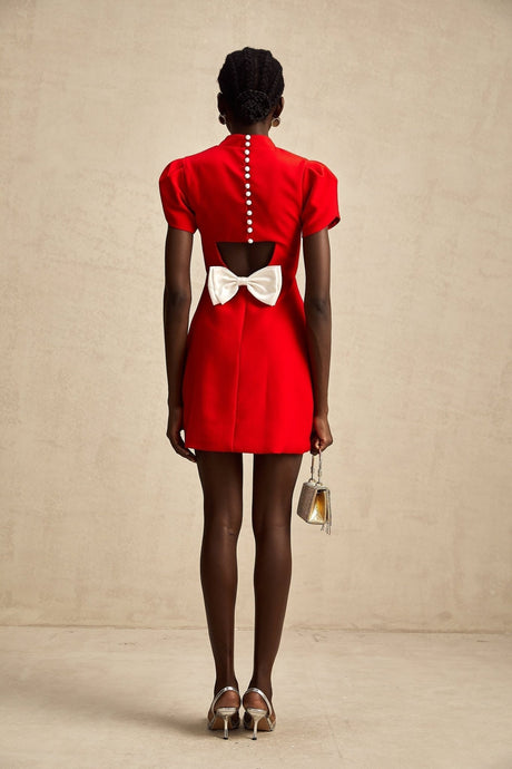 Gaia Mini Dress - Crew Neck - Short Petal Sleeves - Bow Detailing - Cut - Out Back