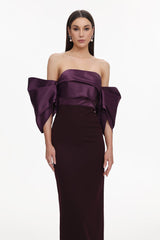 Gaia Purple Satin Off-Shoulder Dress Pleated Detailing Elegant Formal Wear